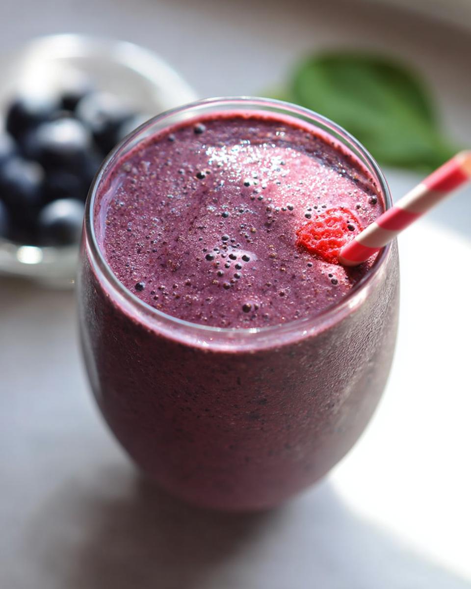 Close-up of a thick, purple berry smoothie with a striped straw and a raspberry garnish, perfect for high-protein smoothies.