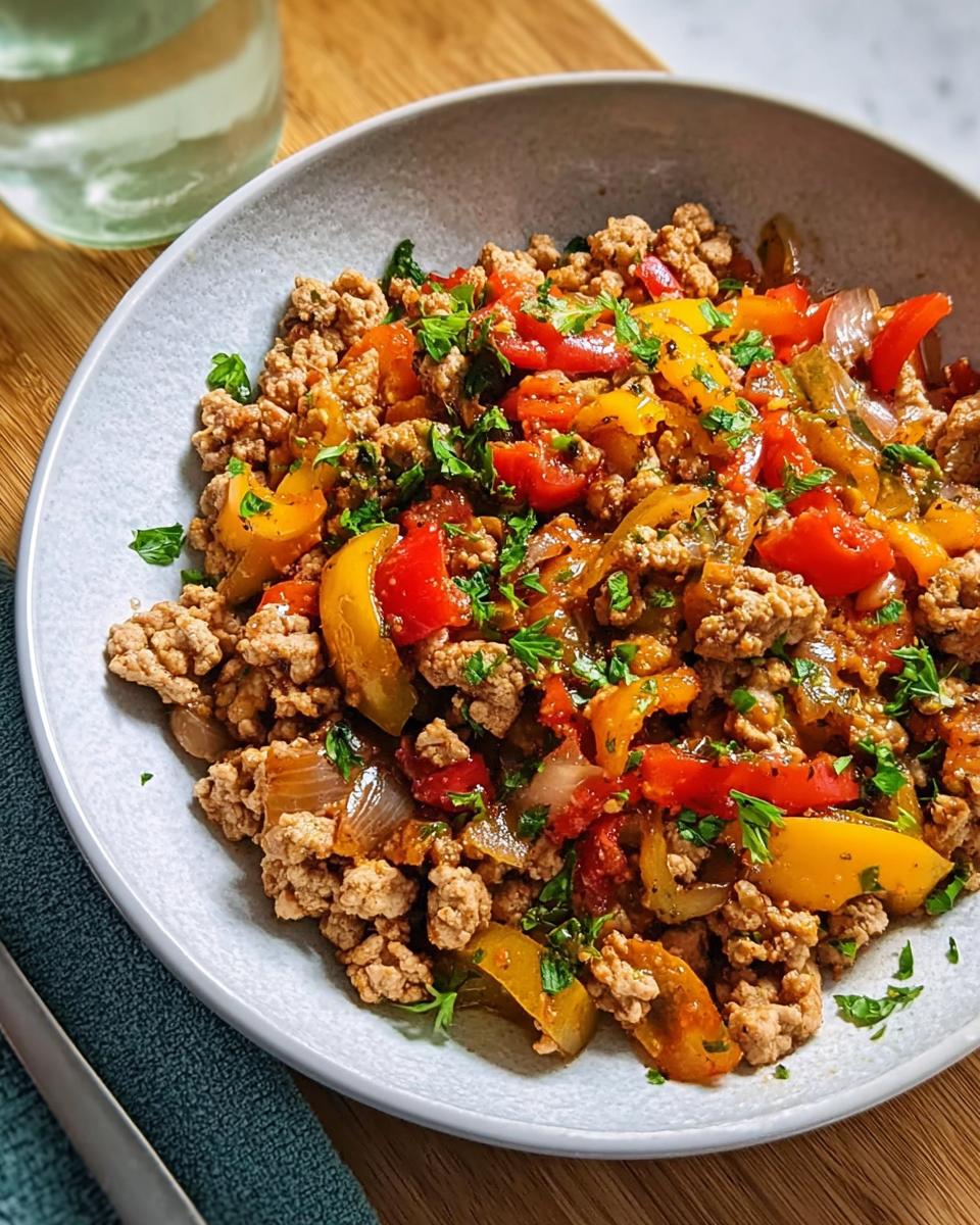 A bowl of quick ground turkey recipe mixed with sautéed red and yellow bell peppers and onions, garnished with parsley.