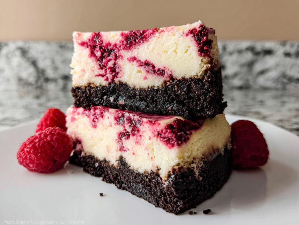 Two stacked slices of Raspberry White Chocolate Cheesecake with a dark crust, garnished with fresh raspberries.