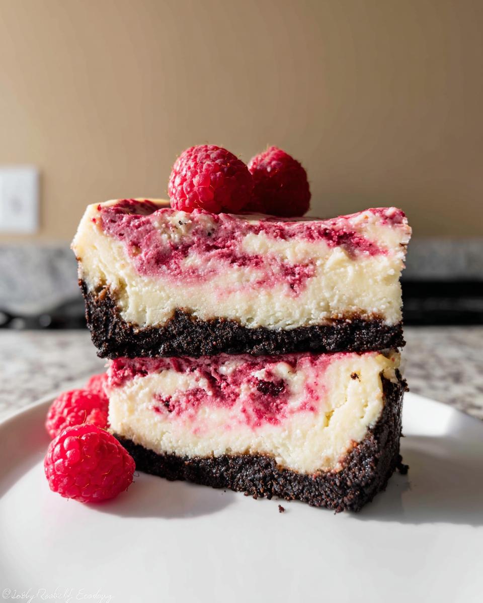 Two stacked slices of rich Raspberry White Chocolate Cheesecake with a dark chocolate crust, topped with fresh raspberries.