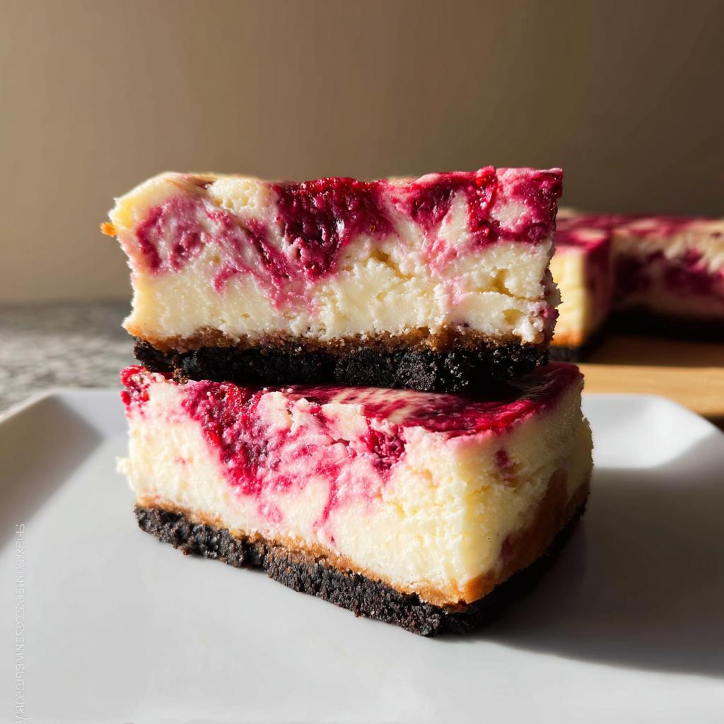 Two stacked slices of Raspberry White Chocolate Cheesecake with a dark chocolate crust, showing a beautiful berry swirl.