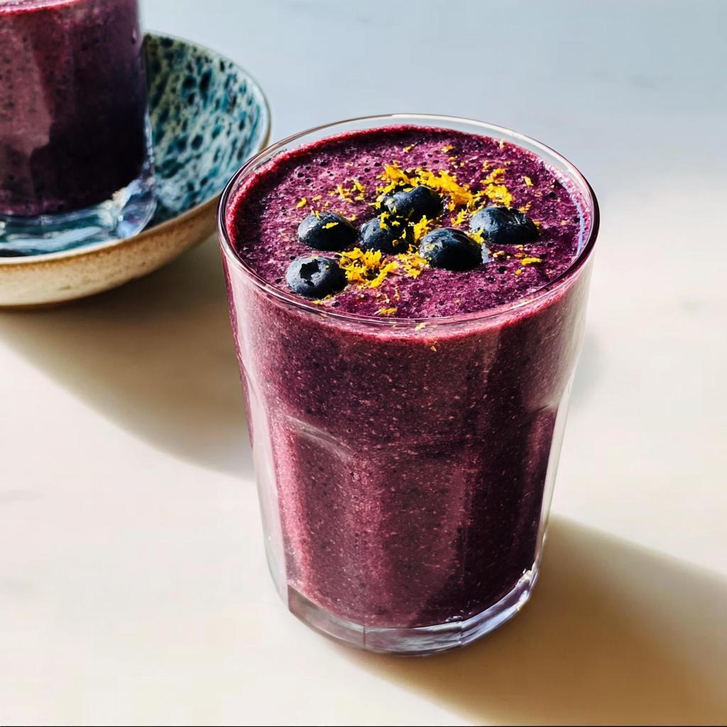 Close-up of a thick, purple Refreshing Anti-Inflammatory Lemon-Blueberry Smoothie topped with fresh blueberries and lemon zest.