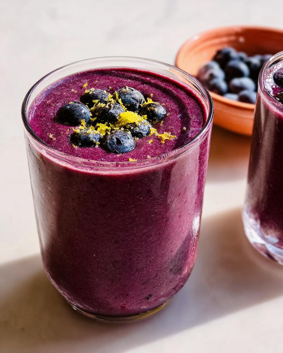 Close-up of a thick, vibrant purple Refreshing Anti-Inflammatory Lemon-Blueberry Smoothie topped with fresh blueberries and lemon zest.