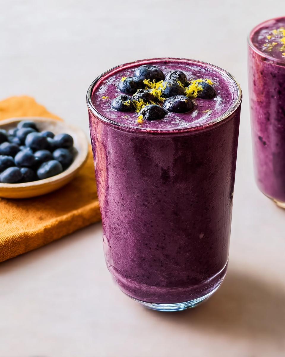 Close-up of a thick, purple Refreshing Anti-Inflammatory Lemon-Blueberry Smoothie topped with fresh blueberries and lemon zest.
