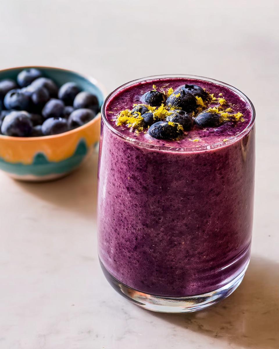 A vibrant purple Refreshing Anti-Inflammatory Lemon-Blueberry Smoothie topped with fresh blueberries and lemon zest.