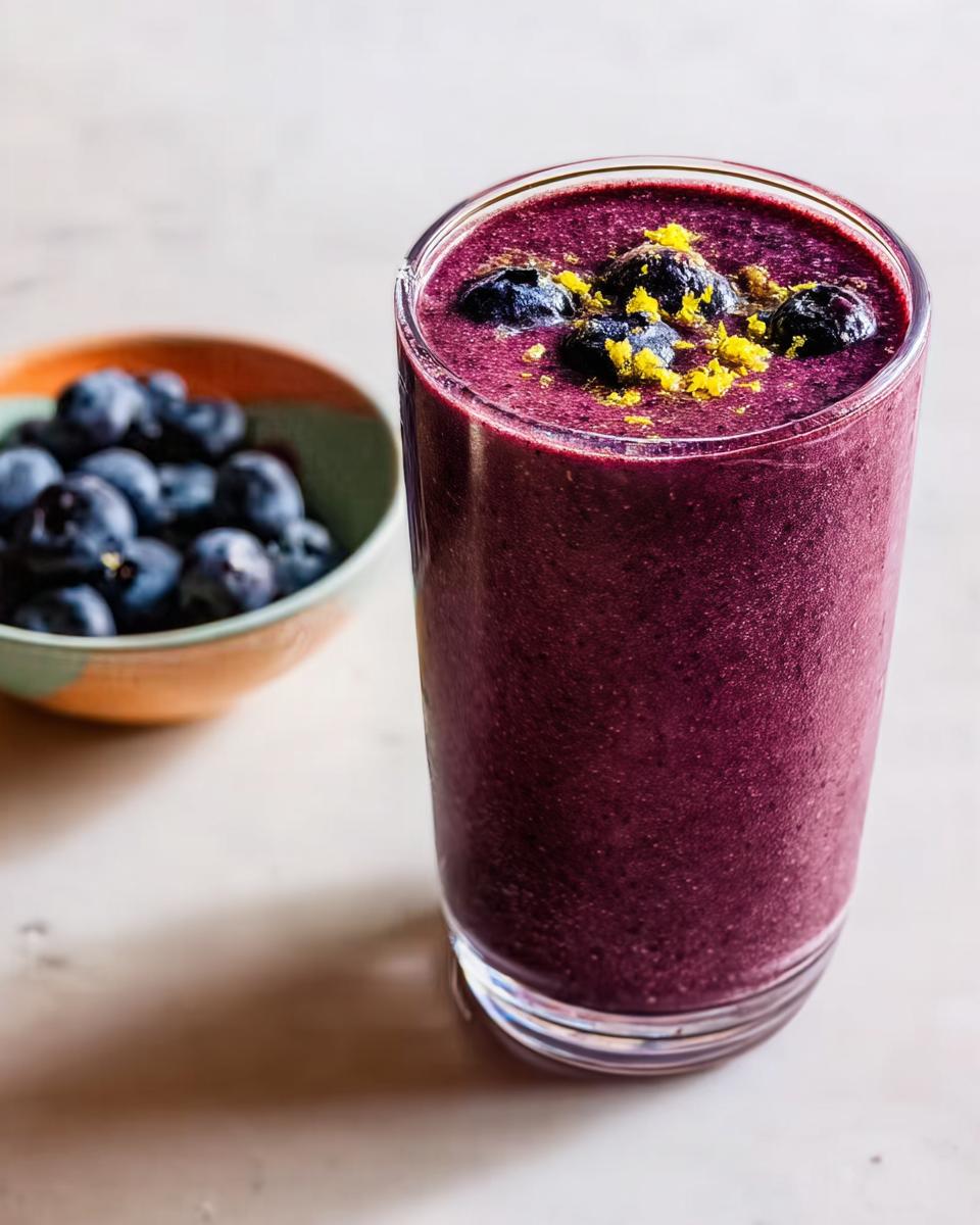 A tall glass filled with a thick, deep purple Refreshing Anti-Inflammatory Lemon-Blueberry Smoothie, topped with fresh blueberries and lemon zest.