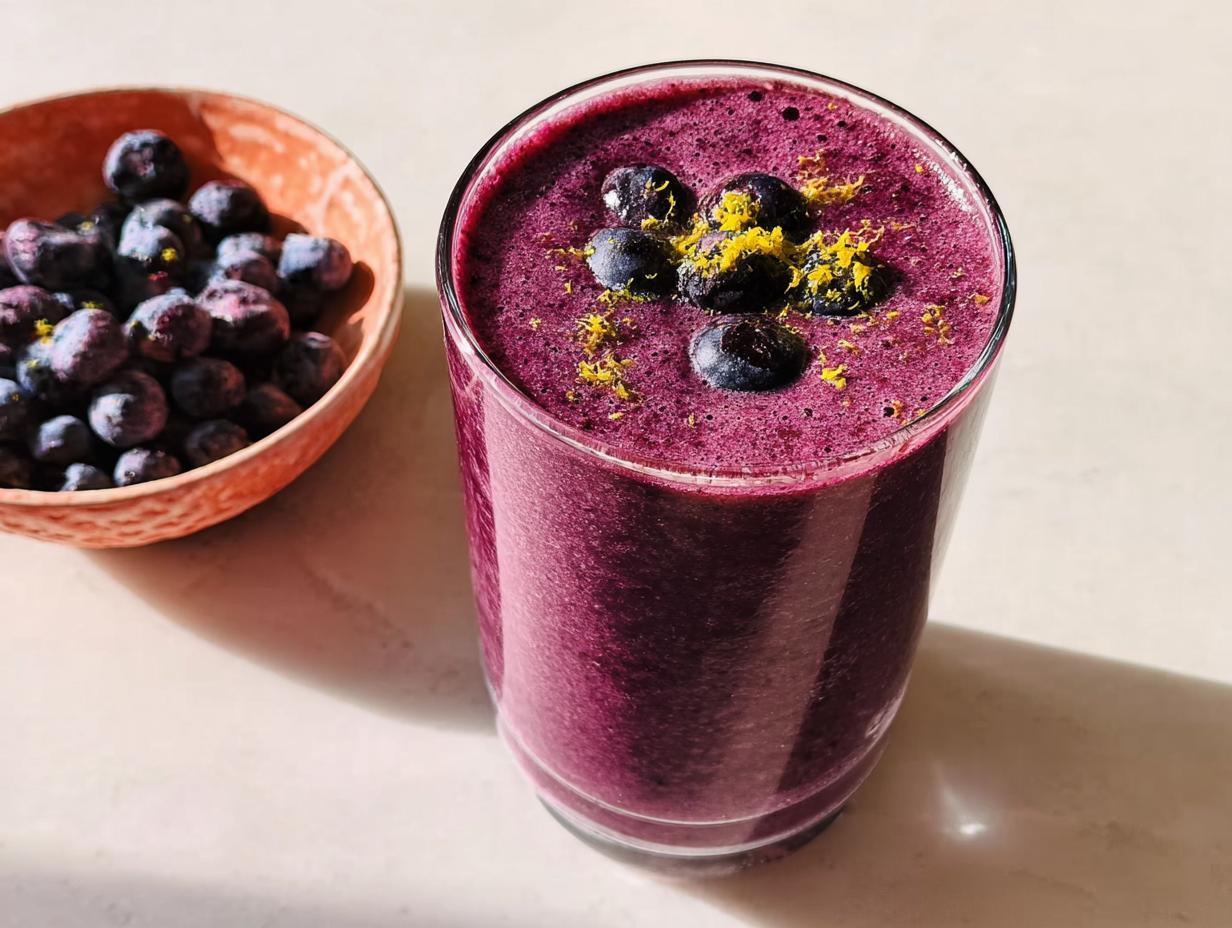 A glass of deep purple Refreshing Anti-Inflammatory Lemon-Blueberry Smoothie topped with fresh blueberries and lemon zest.