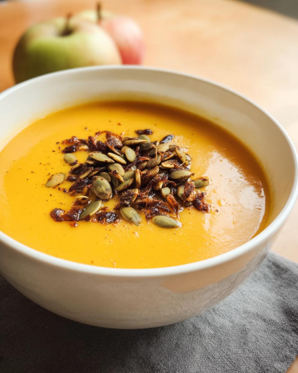 A bowl of vibrant orange Roasted Butternut Squash Apple Soup topped with toasted pumpkin seeds.