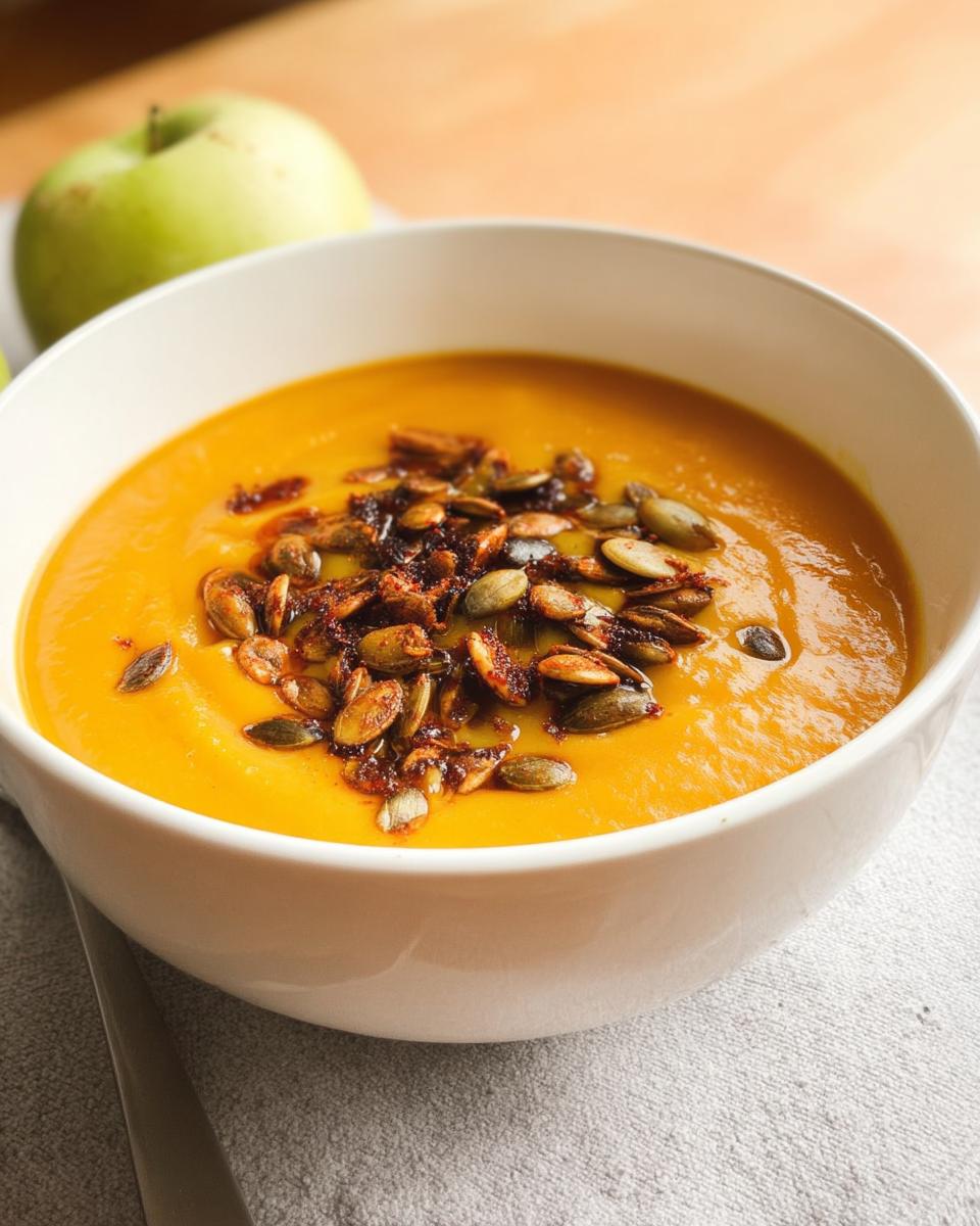 A vibrant orange bowl of Roasted Butternut Squash Apple Soup topped with toasted pumpkin seeds.