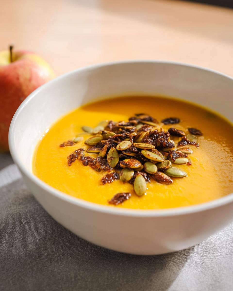 A bowl of vibrant orange Roasted Butternut Squash Apple Soup topped with pumpkin seeds and dried fruit.
