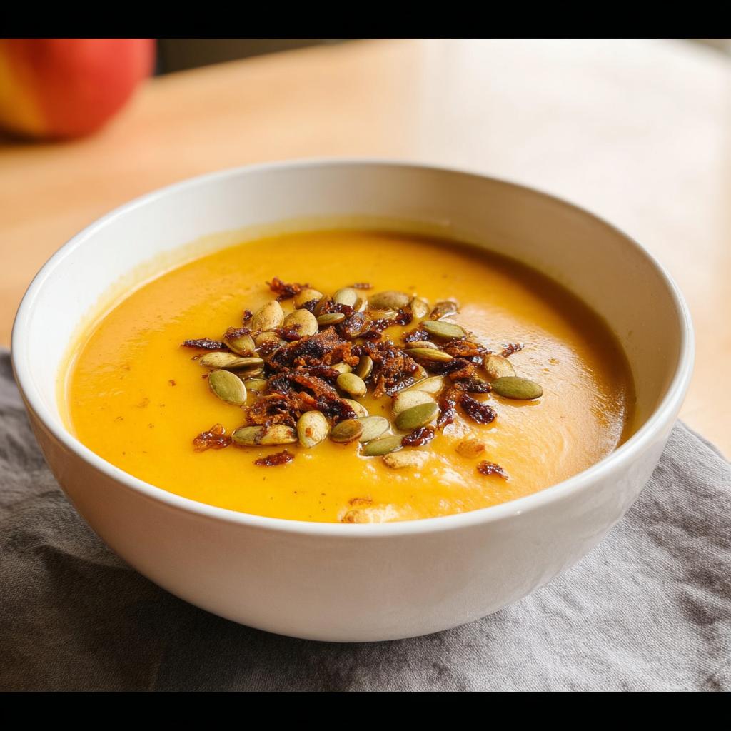 A creamy bowl of Roasted Butternut Squash Apple Soup topped with toasted pumpkin seeds and crispy bits.