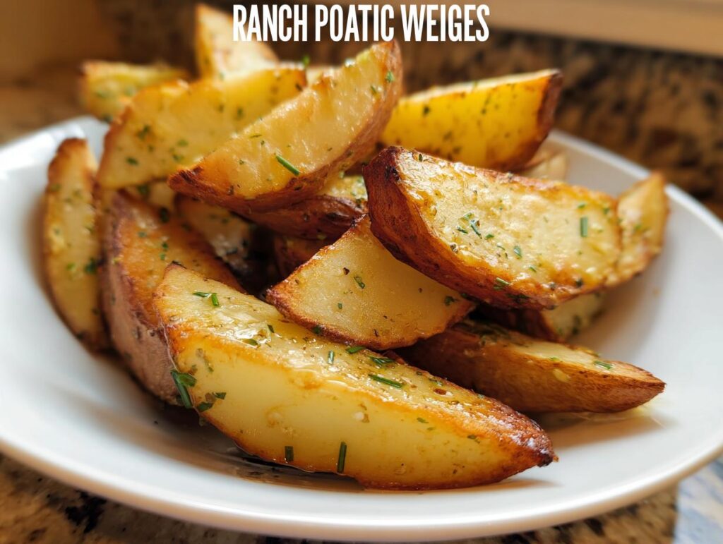 Close-up of golden brown Roasted Ranch Seasoned Potato Wedges sprinkled with green herbs in a white bowl.