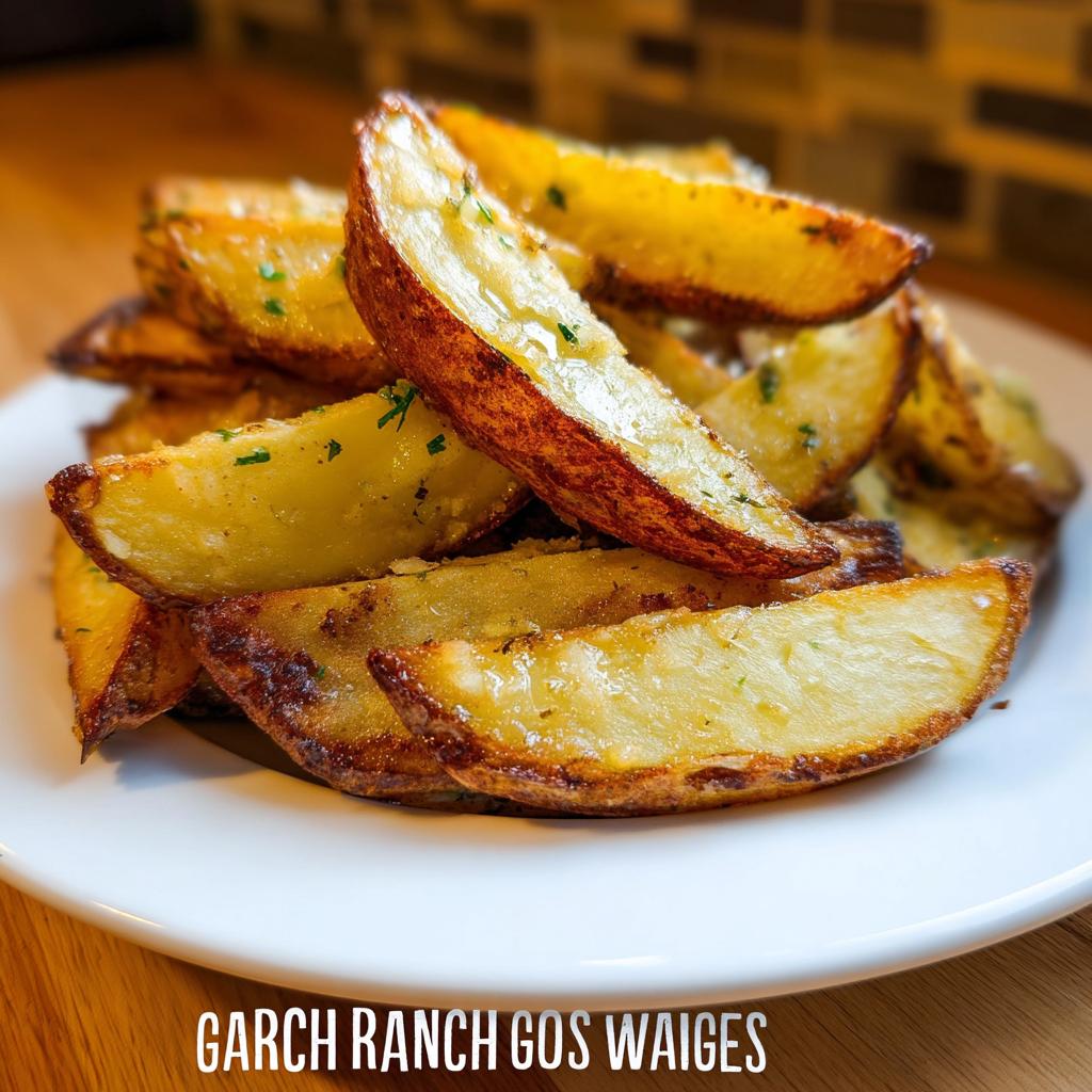 A close-up shot of golden brown, crispy Roasted Ranch Seasoned Potato Wedges piled on a white plate.