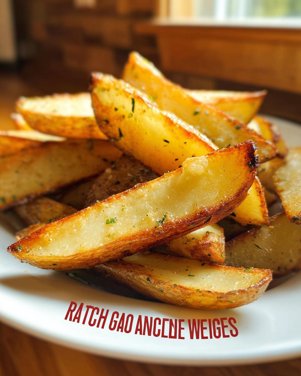 Close-up of perfectly golden Roasted Ranch Seasoned Potato Wedges piled on a white plate, seasoned with herbs.