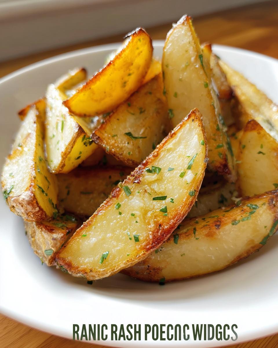 Close-up of golden brown Roasted Ranch Seasoned Potato Wedges sprinkled with fresh green herbs in a white bowl.