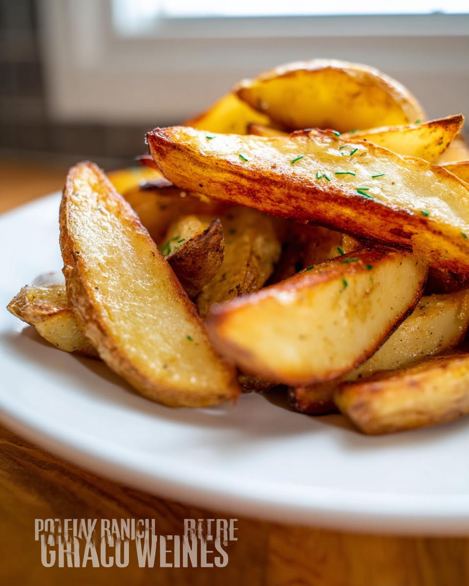 Close-up of perfectly golden Roasted Ranch Seasoned Potato Wedges piled on a white plate, garnished with chives.