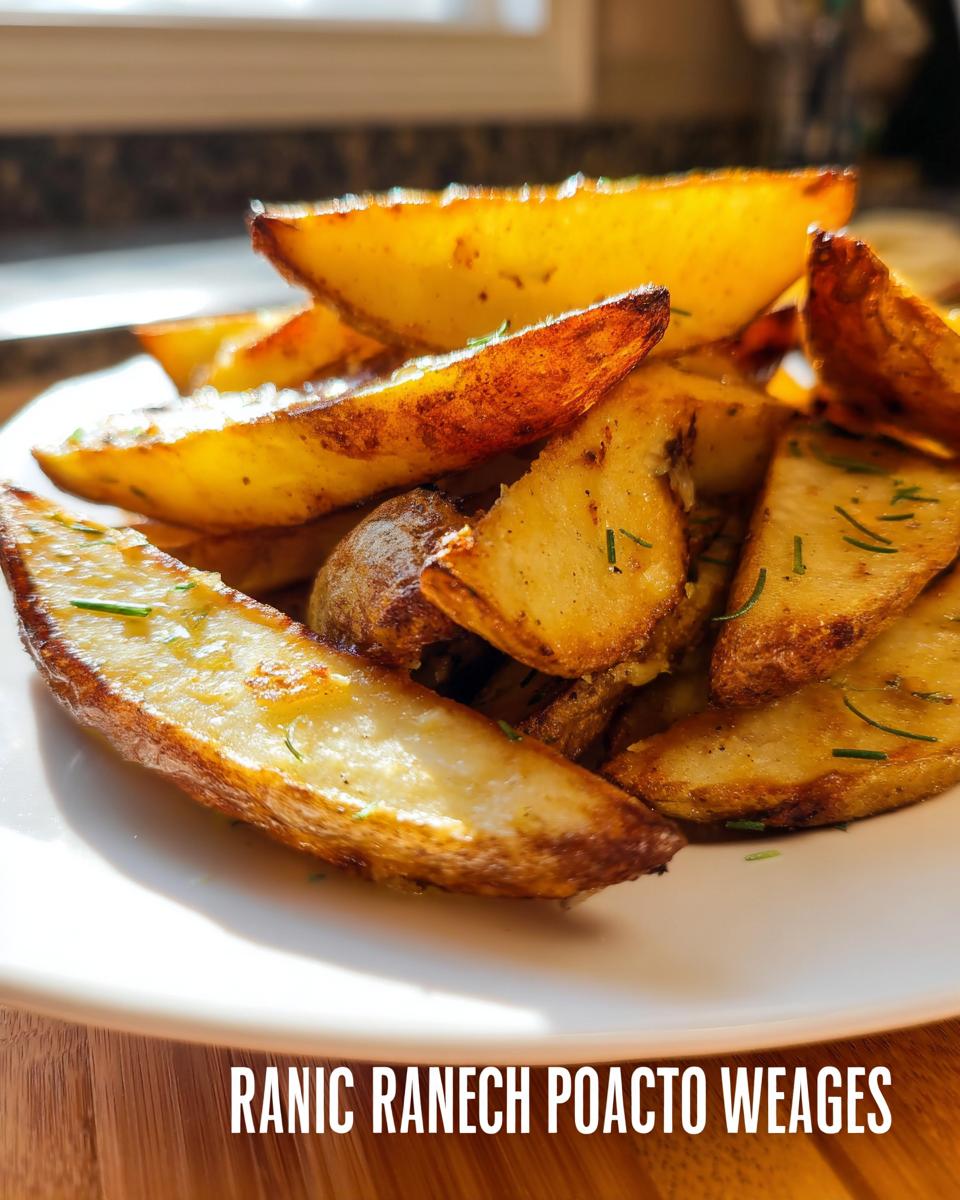 Close-up of golden brown Roasted Ranch Seasoned Potato Wedges piled on a white plate, garnished with herbs.