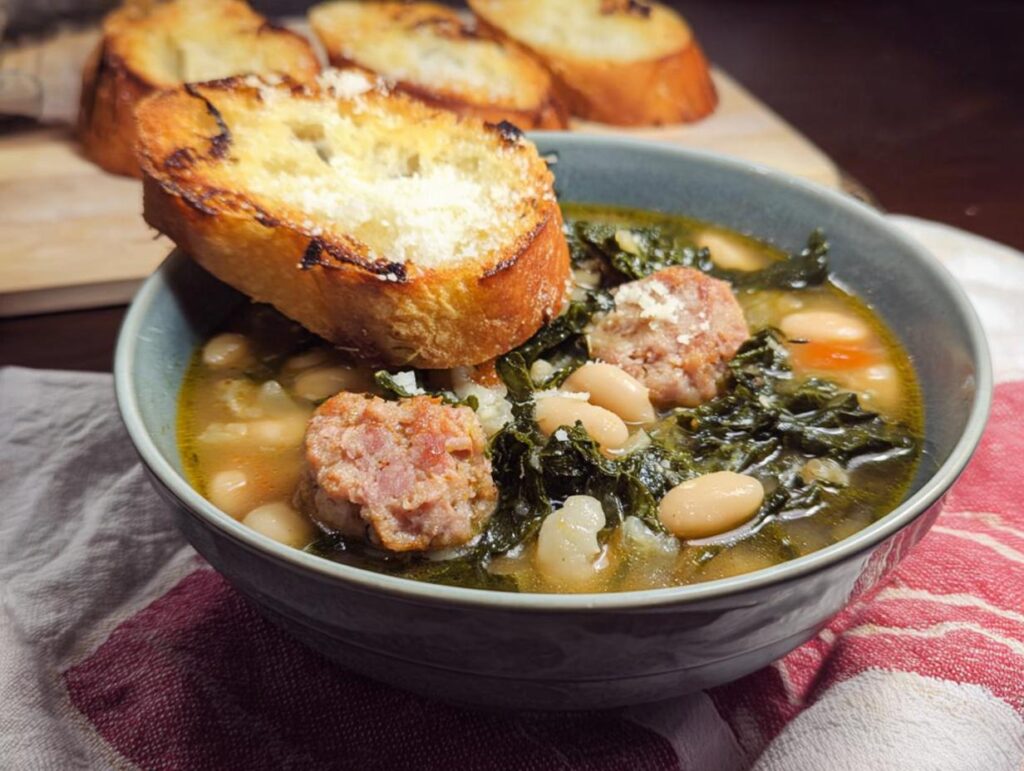 A bowl of Rustic Tuscan White Bean and Kale Soup topped with sausage and a piece of cheesy toasted bread.