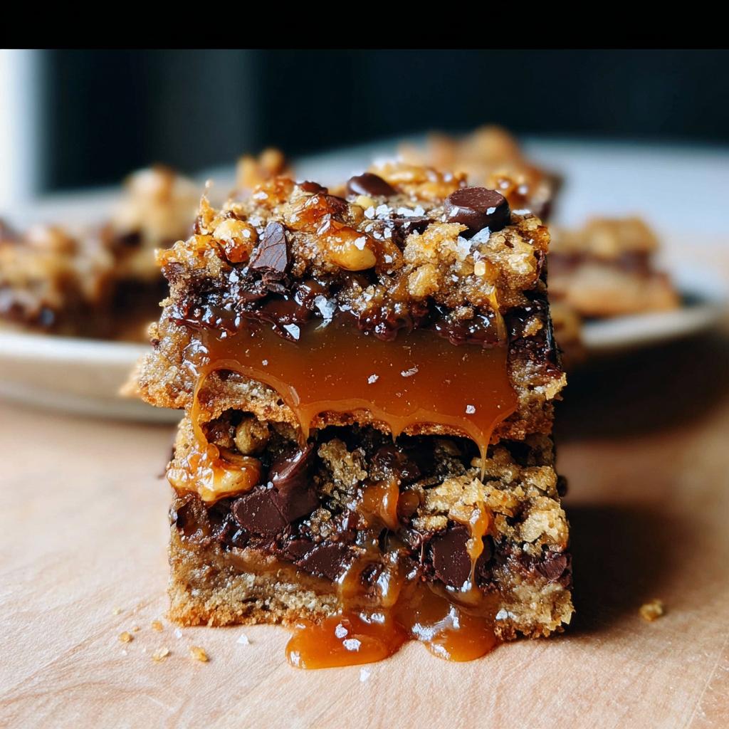 Close-up of a thick slice of Salted Caramel Chocolate Chip Cookie Bars showing gooey caramel oozing out.