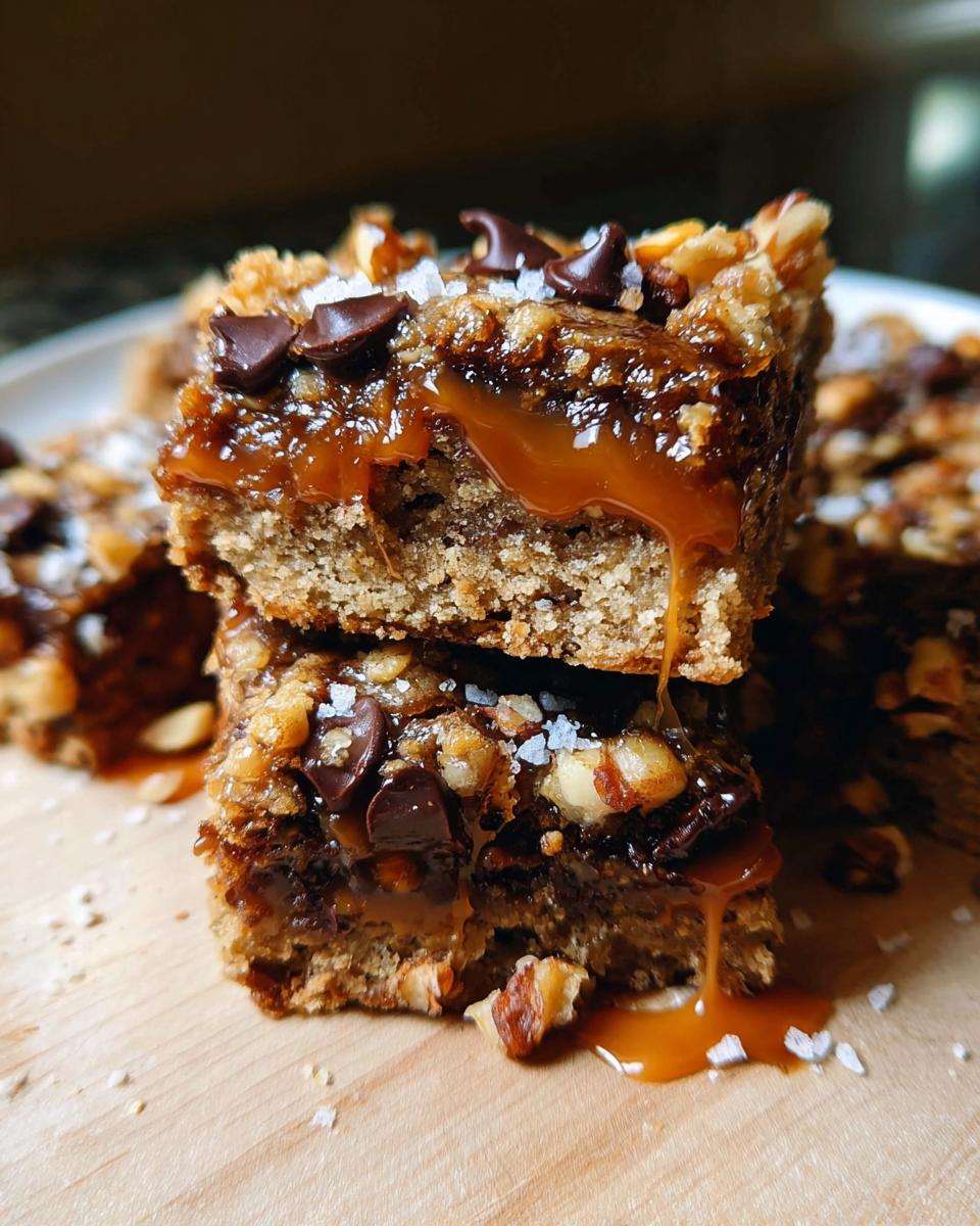 Two stacked Salted Caramel Chocolate Chip Cookie Bars topped with gooey caramel, chocolate chips, nuts, and sea salt flakes.