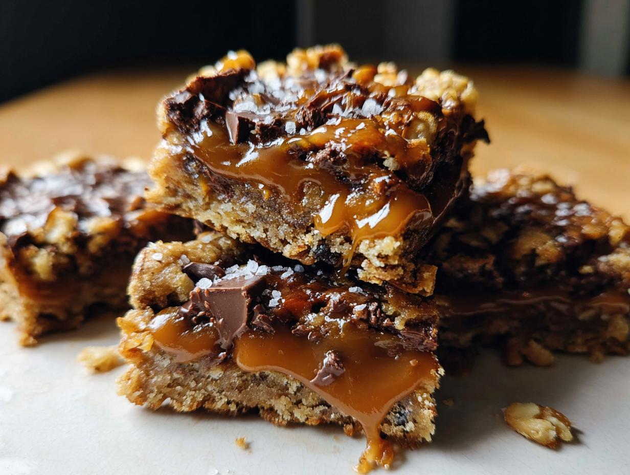 Close-up of stacked Salted Caramel Chocolate Chip Cookie Bars with gooey caramel and sea salt flakes.