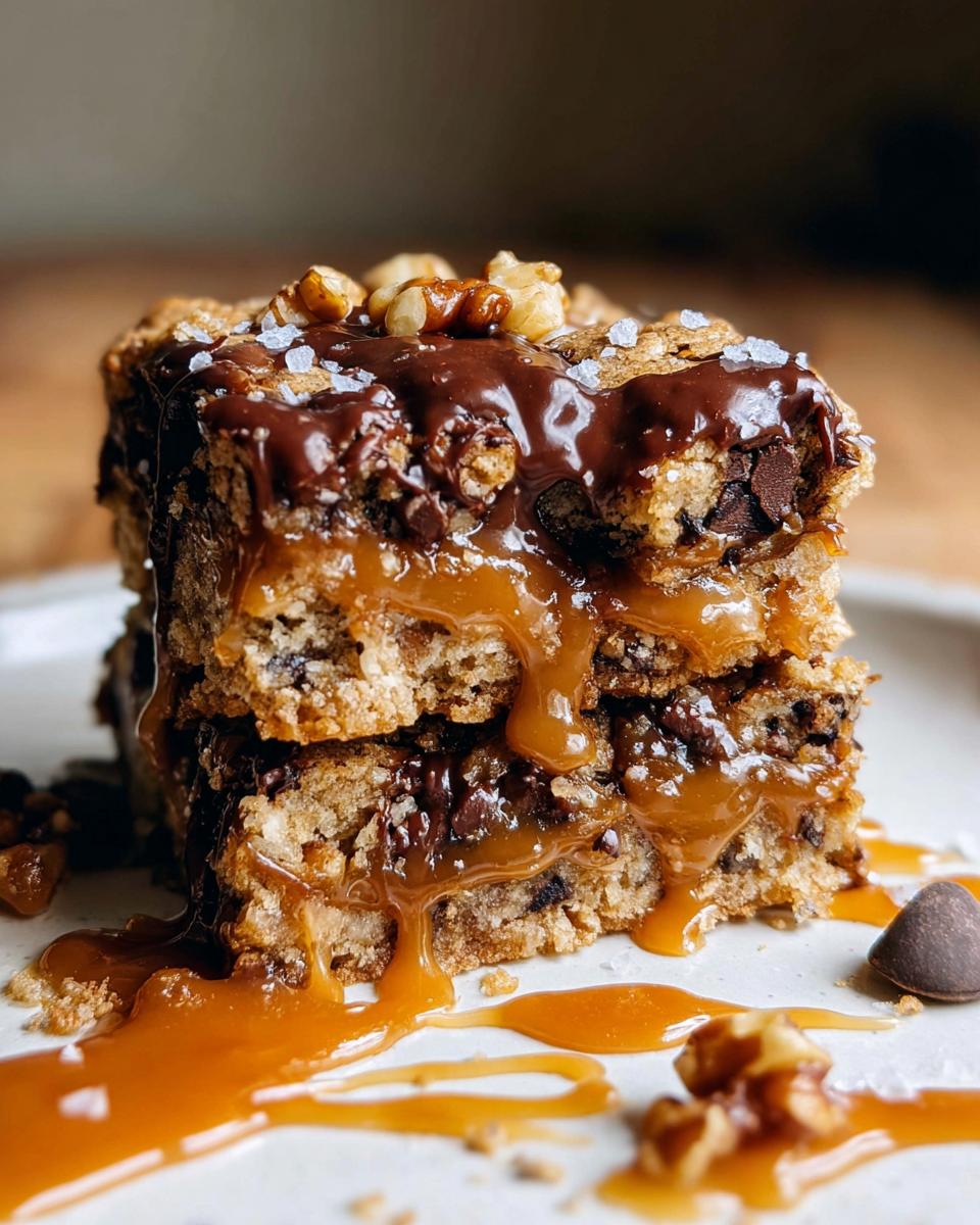 Two stacked Salted Caramel Chocolate Chip Cookie Bars dripping with caramel, topped with chocolate, walnuts, and sea salt.