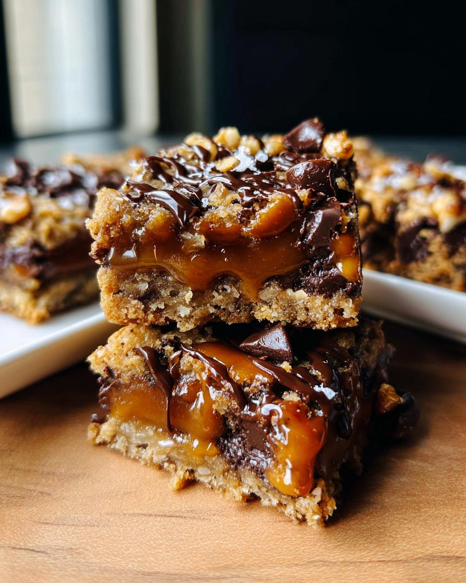 Two stacked squares of Salted Caramel Chocolate Chip Cookie Bars, oozing with gooey caramel and topped with chocolate chips and nuts.