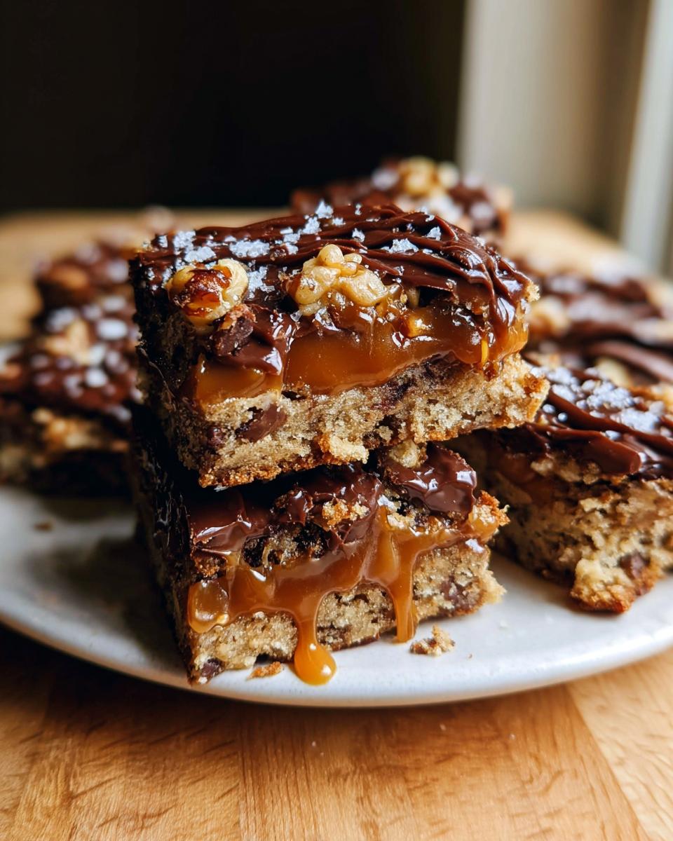 Two stacked Salted Caramel Chocolate Chip Cookie Bars with gooey caramel dripping down the side.