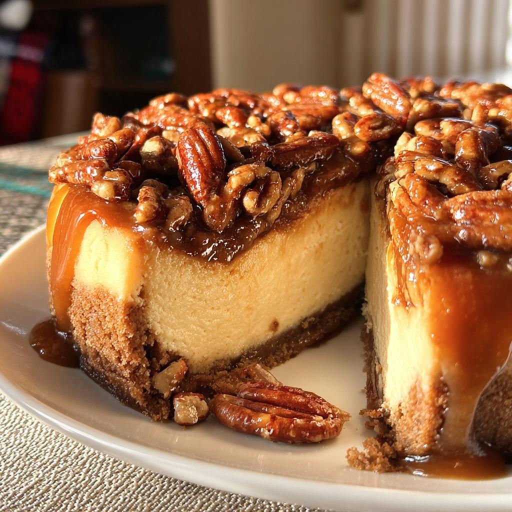 A slice cut from a rich Salted Caramel Pecan Cheesecake topped with glazed pecans and dripping caramel sauce.