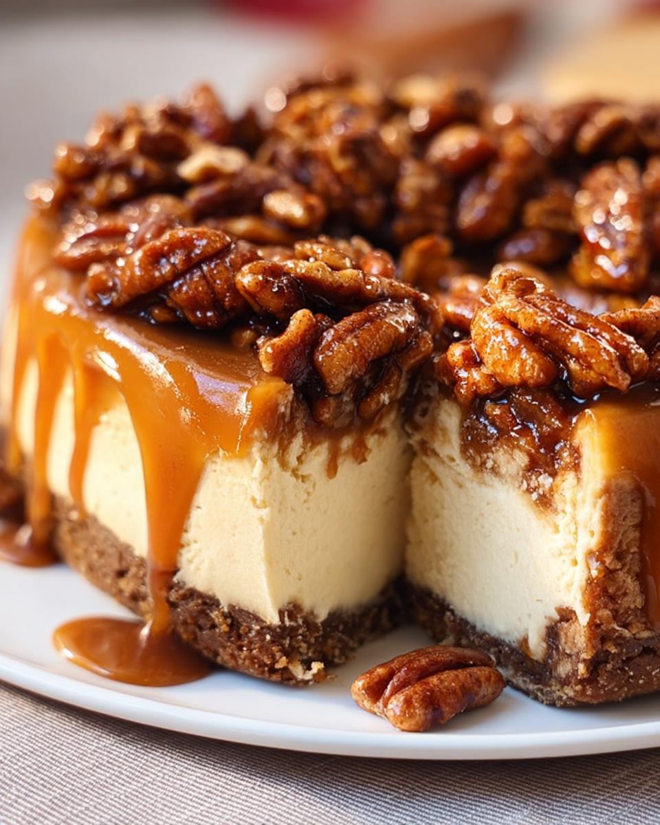 A cross-section view of a rich Salted Caramel Pecan Cheesecake with a thick pecan topping and dripping caramel sauce.