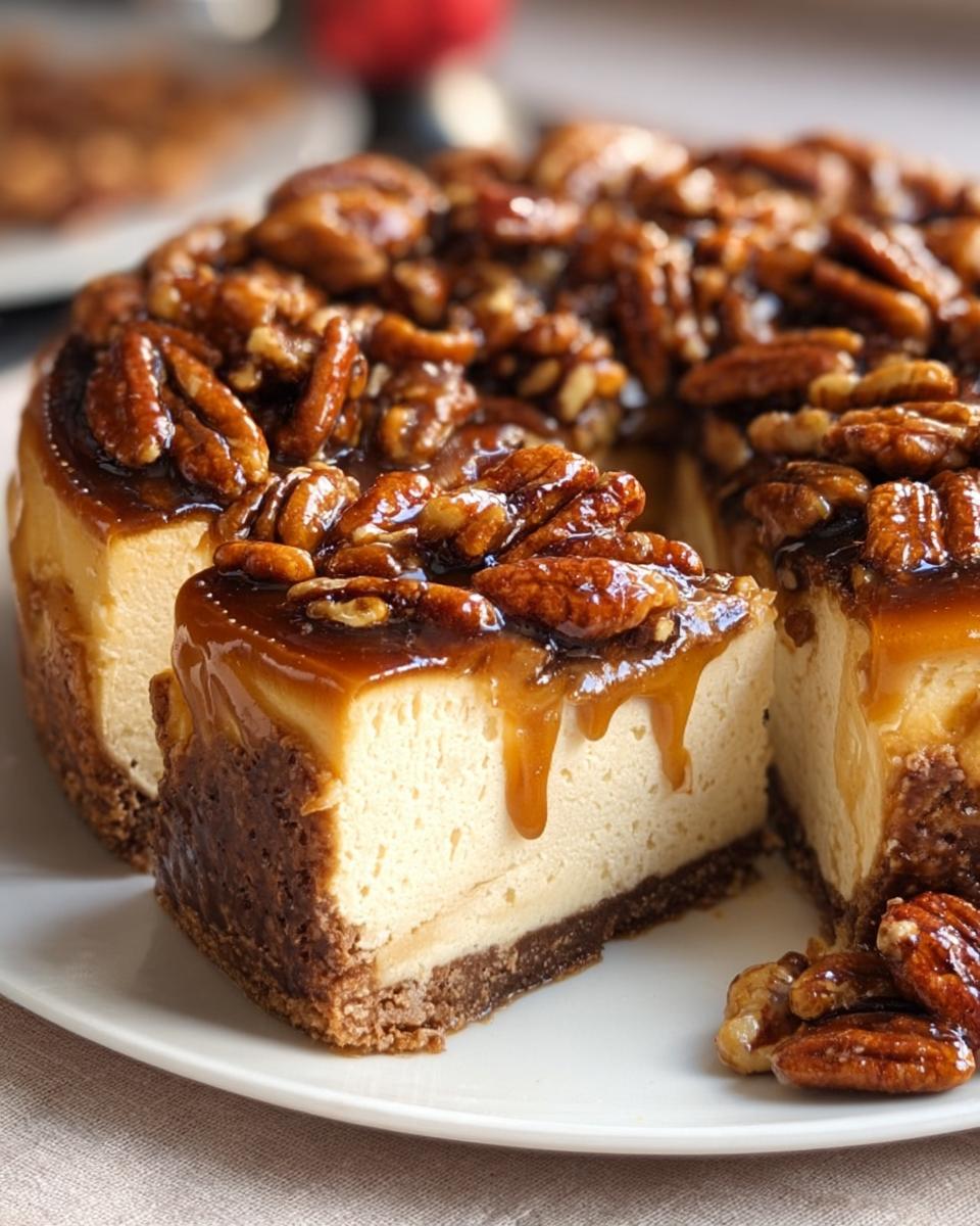 A decadent slice of Salted Caramel Pecan Cheesecake showing creamy filling, graham crust, and pecan topping dripping with caramel.
