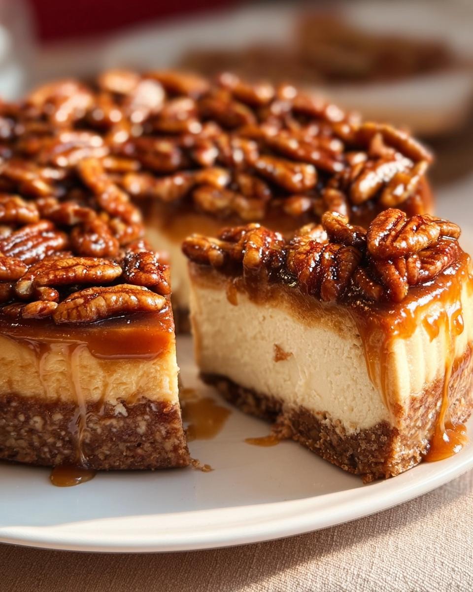 A slice removed from a rich Salted Caramel Pecan Cheesecake, showing the creamy filling and thick pecan topping dripping with caramel.