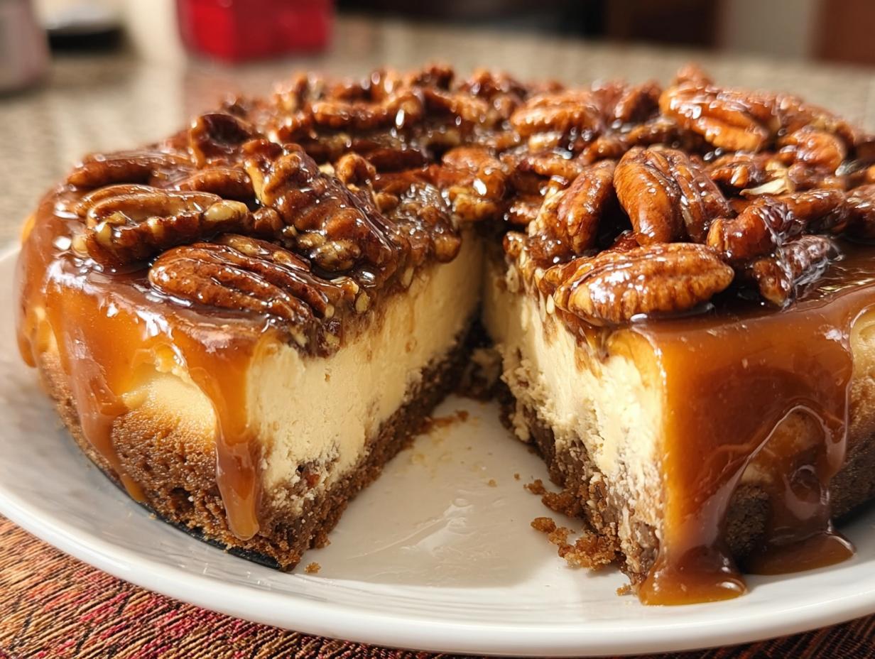 A decadent slice of Salted Caramel Pecan Cheesecake showing the creamy filling, graham cracker crust, and gooey caramel pecan topping.