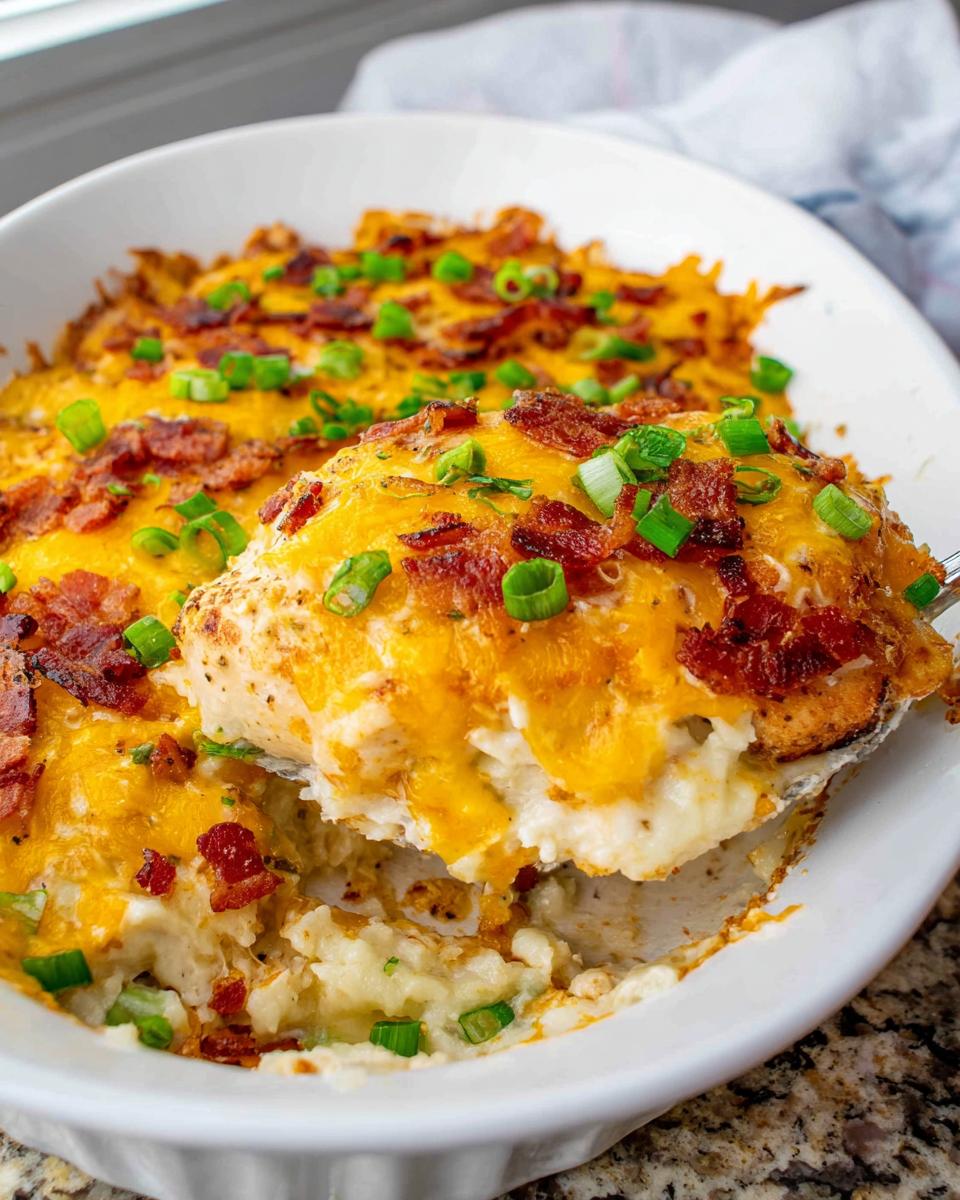 A serving spoon lifts a piece of cheesy Crack Chicken Casserole Bake topped with bacon and green onions.