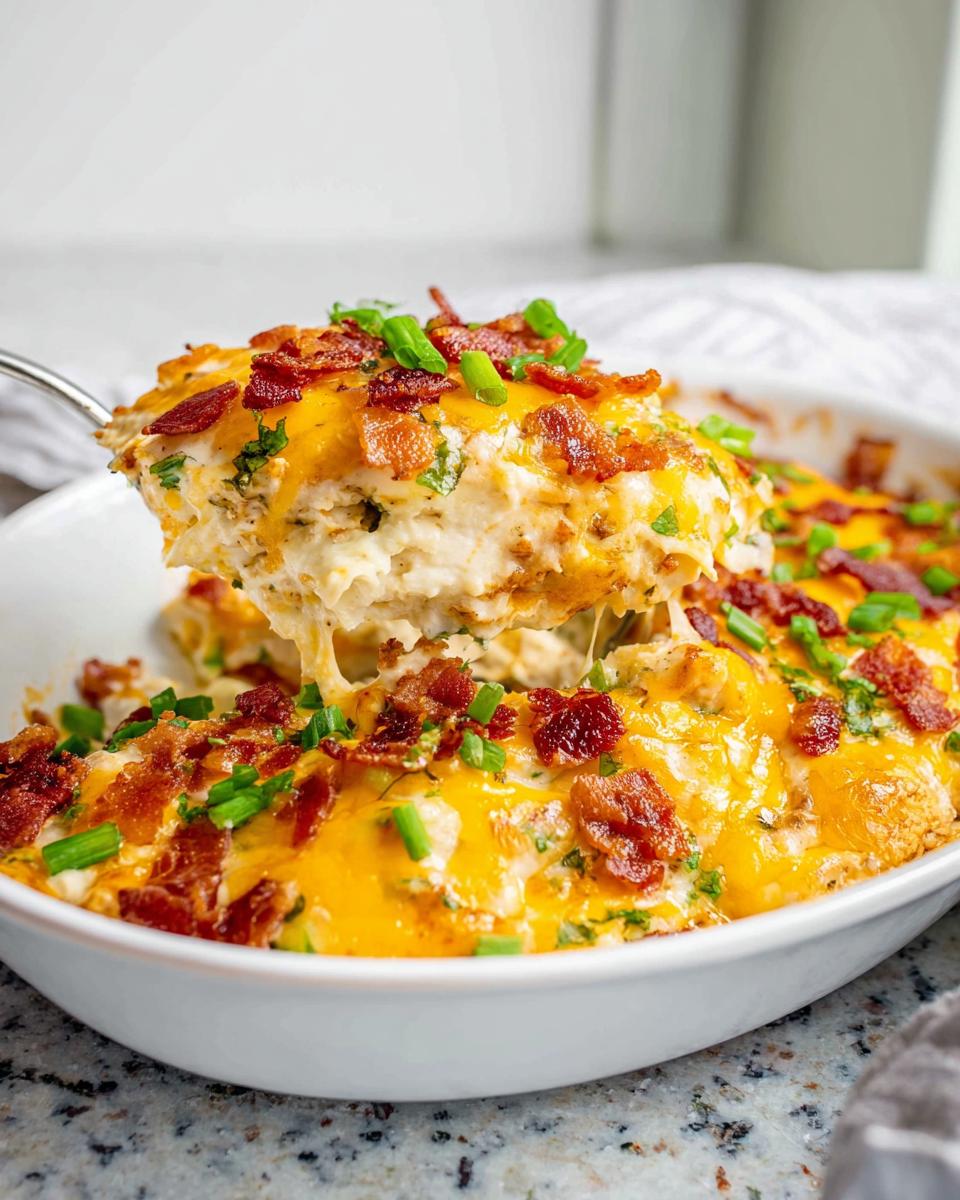 A spoonful of creamy Crack Chicken Casserole Bake topped with melted cheddar, bacon, and chives being lifted from the dish.