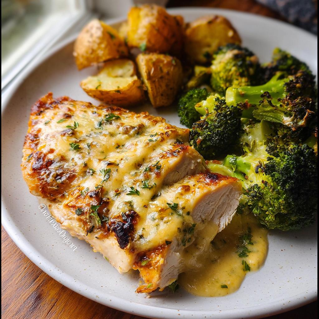 A close-up of sliced Sheet Pan Baked Chicken and Broccoli topped with melted cheese and herbs.