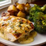 A close-up of a cheesy Sheet Pan Baked Chicken and Broccoli dinner served with roasted potatoes.