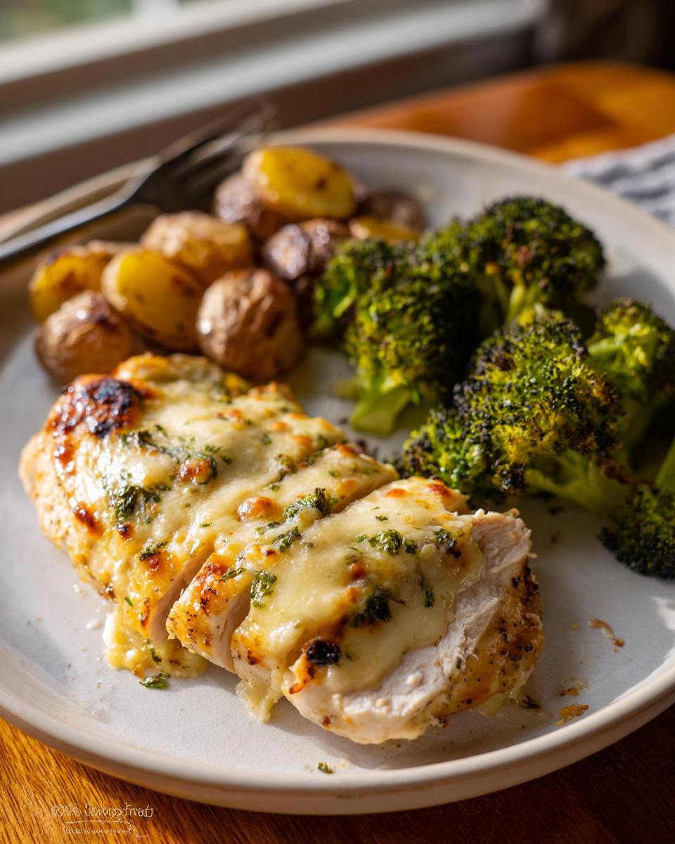 Close-up of sliced Sheet Pan Baked Chicken and Broccoli topped with melted cheese and herbs.