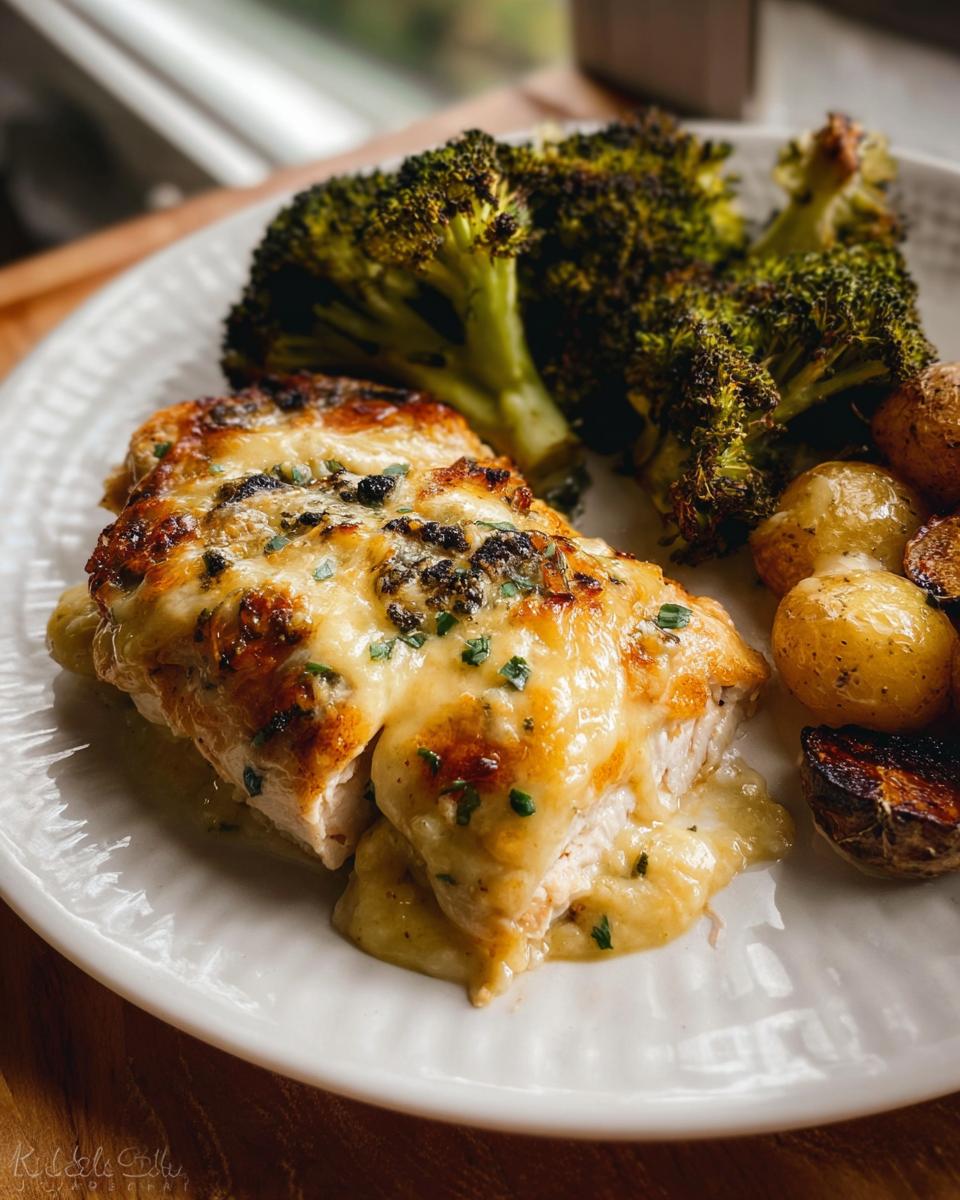 Close-up of cheesy Sheet Pan Baked Chicken and Broccoli served with roasted potatoes on a white plate.