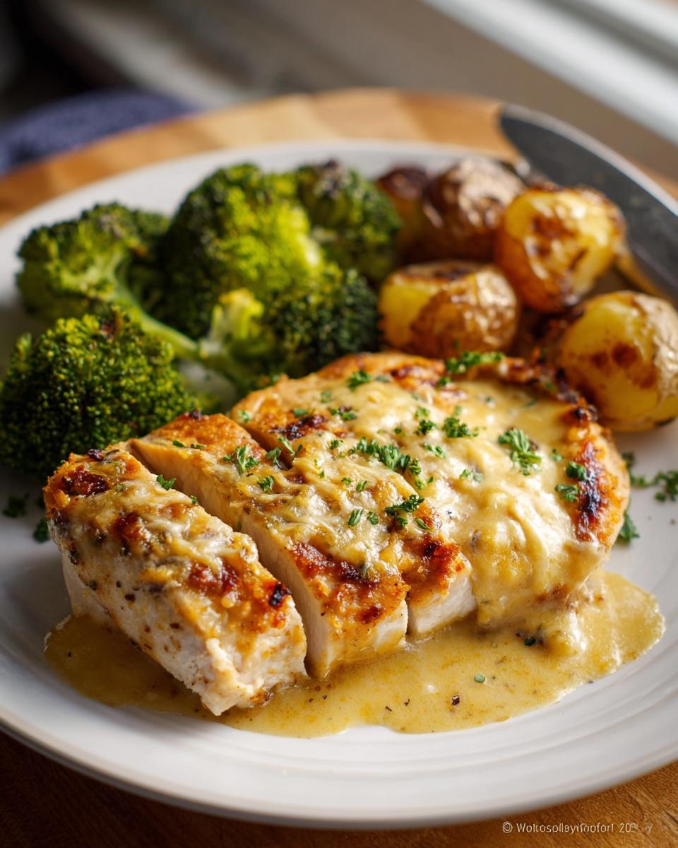 Close-up of sliced Sheet Pan Baked Chicken and Broccoli served with roasted potatoes and cheese sauce.