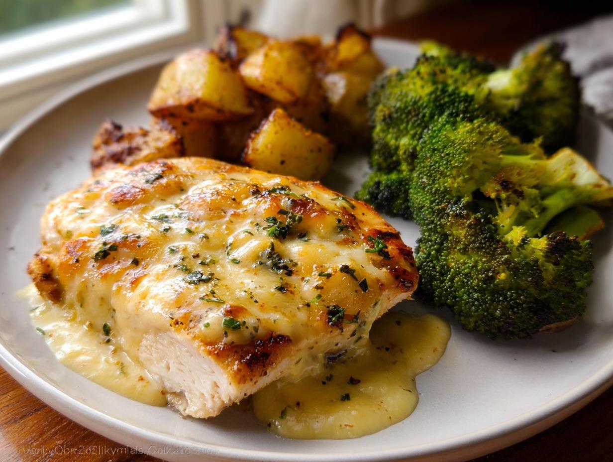 A close-up of a cheesy Sheet Pan Baked Chicken and Broccoli dinner served with roasted potatoes.