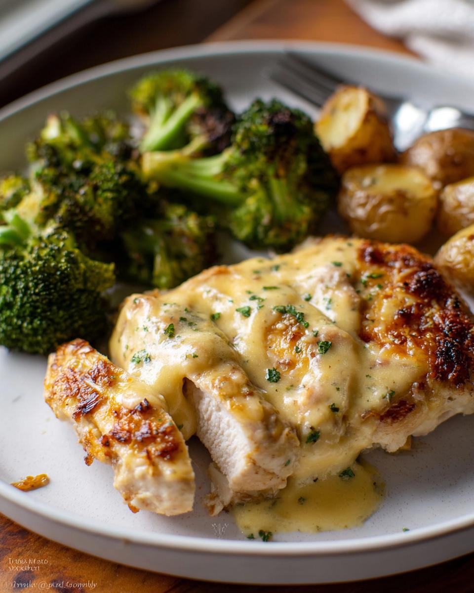 Close-up of sliced Sheet Pan Baked Chicken and Broccoli topped with a creamy cheese sauce.
