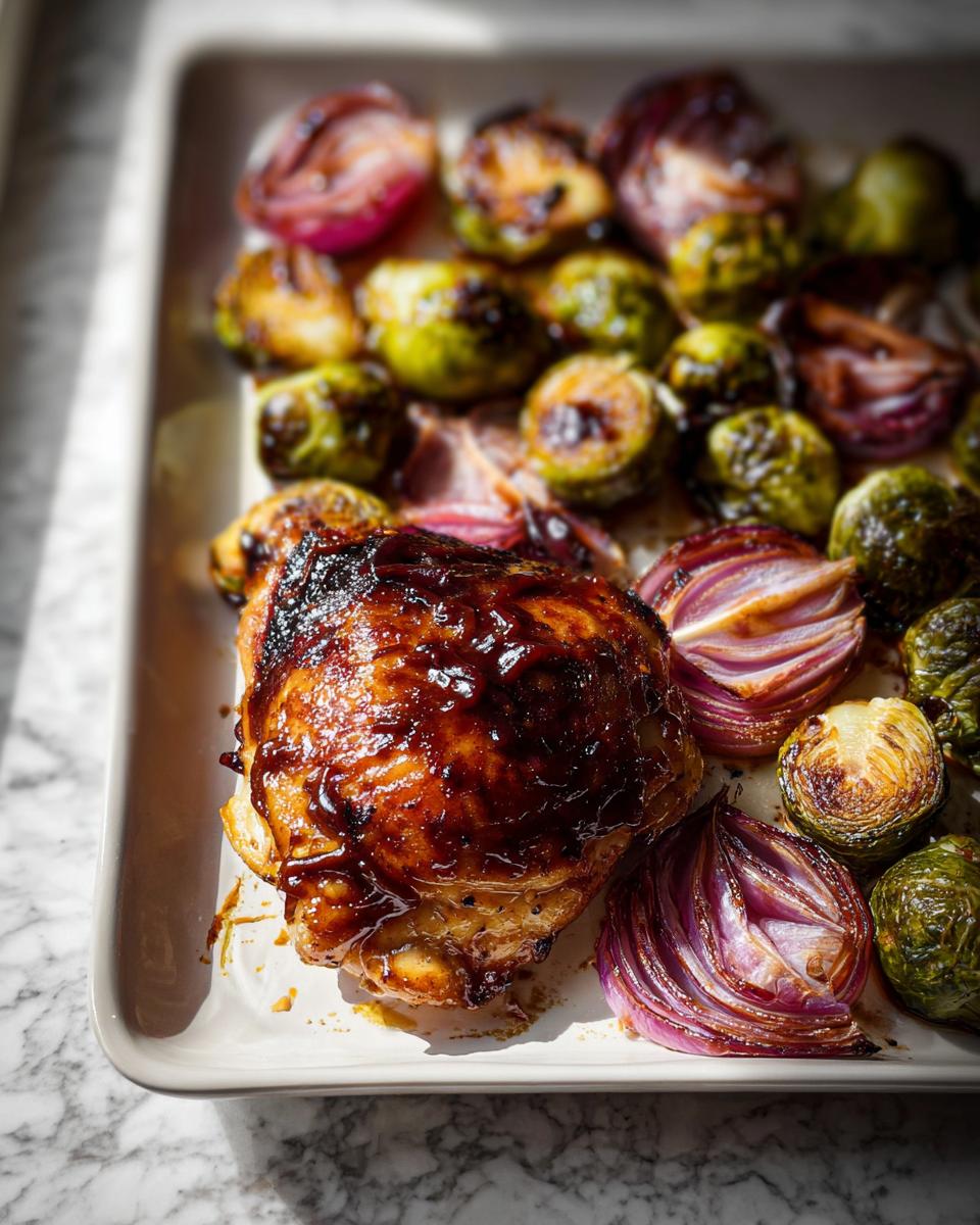 Close-up of Sheet Pan Balsamic Chicken and Brussels Sprouts, featuring a glazed chicken thigh, roasted red onions, and charred Brussels sprouts.