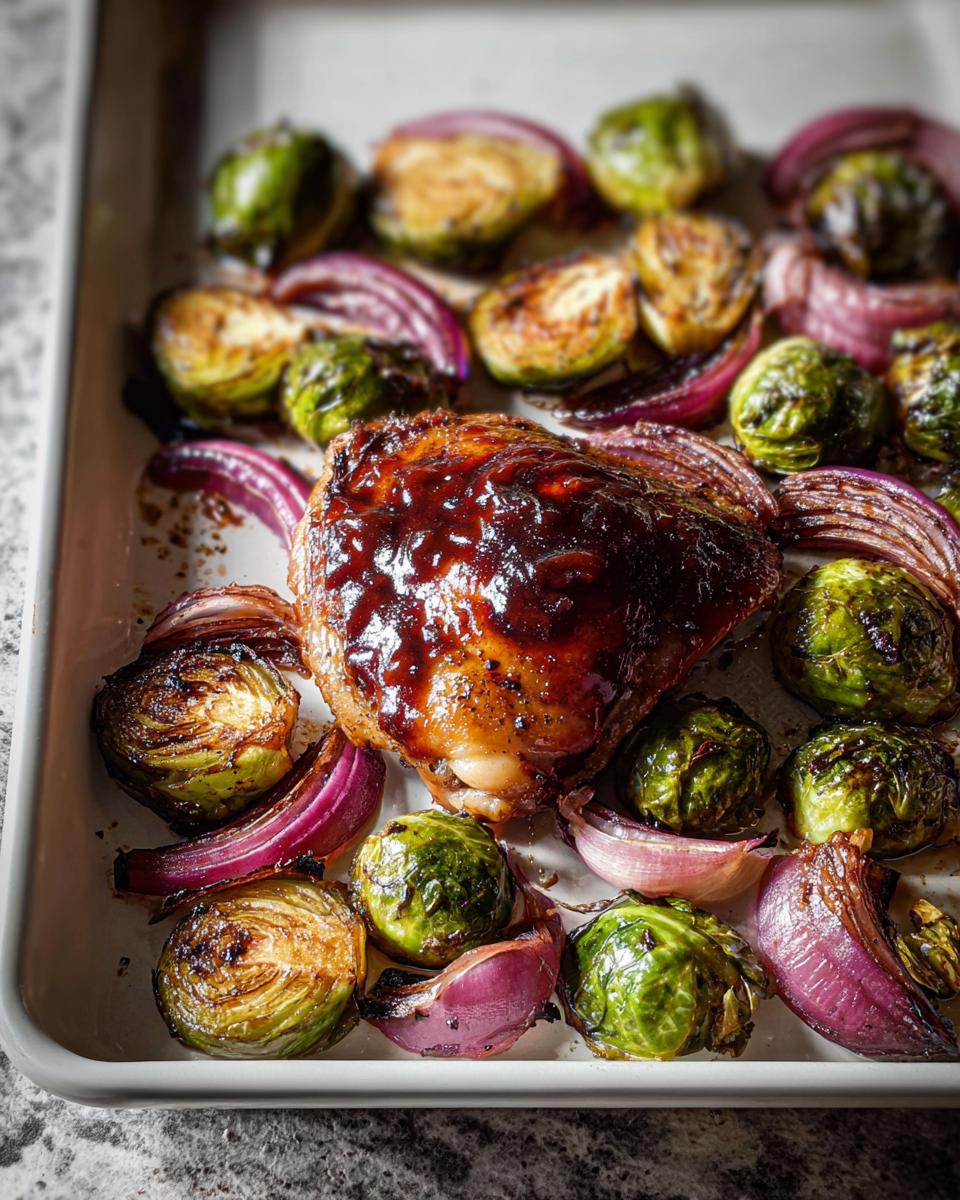 Close-up of Sheet Pan Balsamic Chicken and Brussels Sprouts with caramelized red onions.