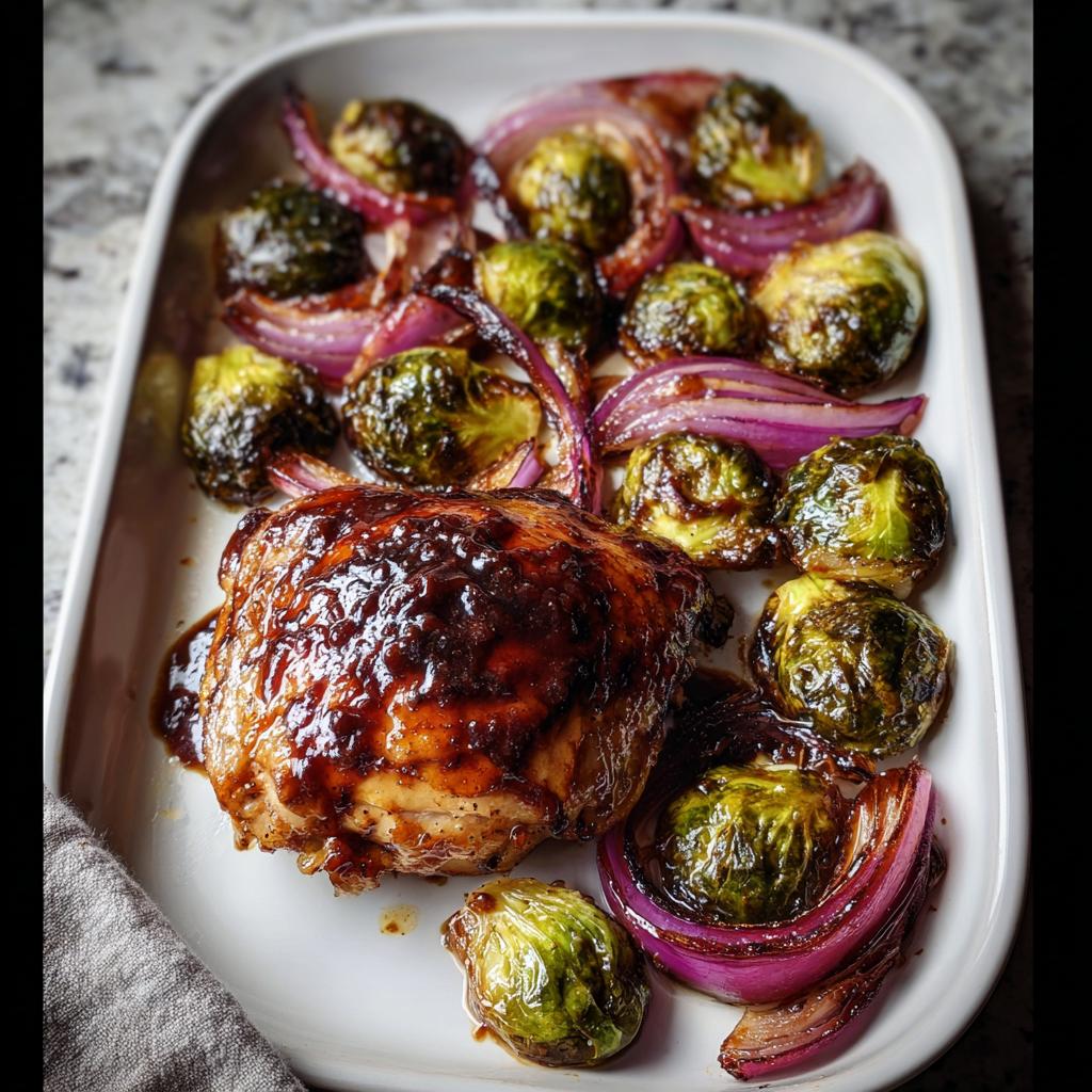 A piece of glazed chicken thigh served with roasted Brussels sprouts and red onion wedges from Sheet Pan Balsamic Chicken and Brussels Sprouts.