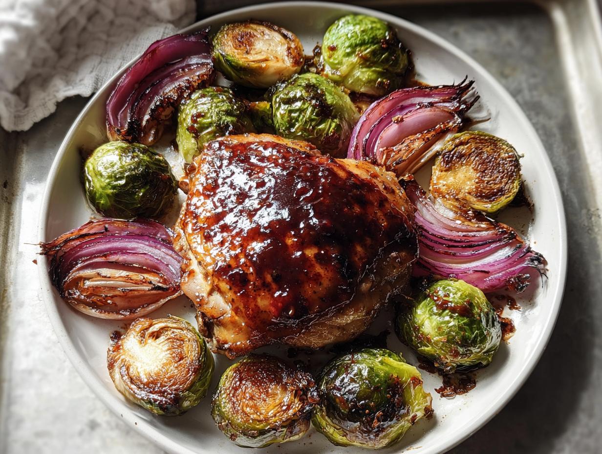 A serving plate featuring Sheet Pan Balsamic Chicken and Brussels Sprouts, glazed and roasted with red onion wedges.