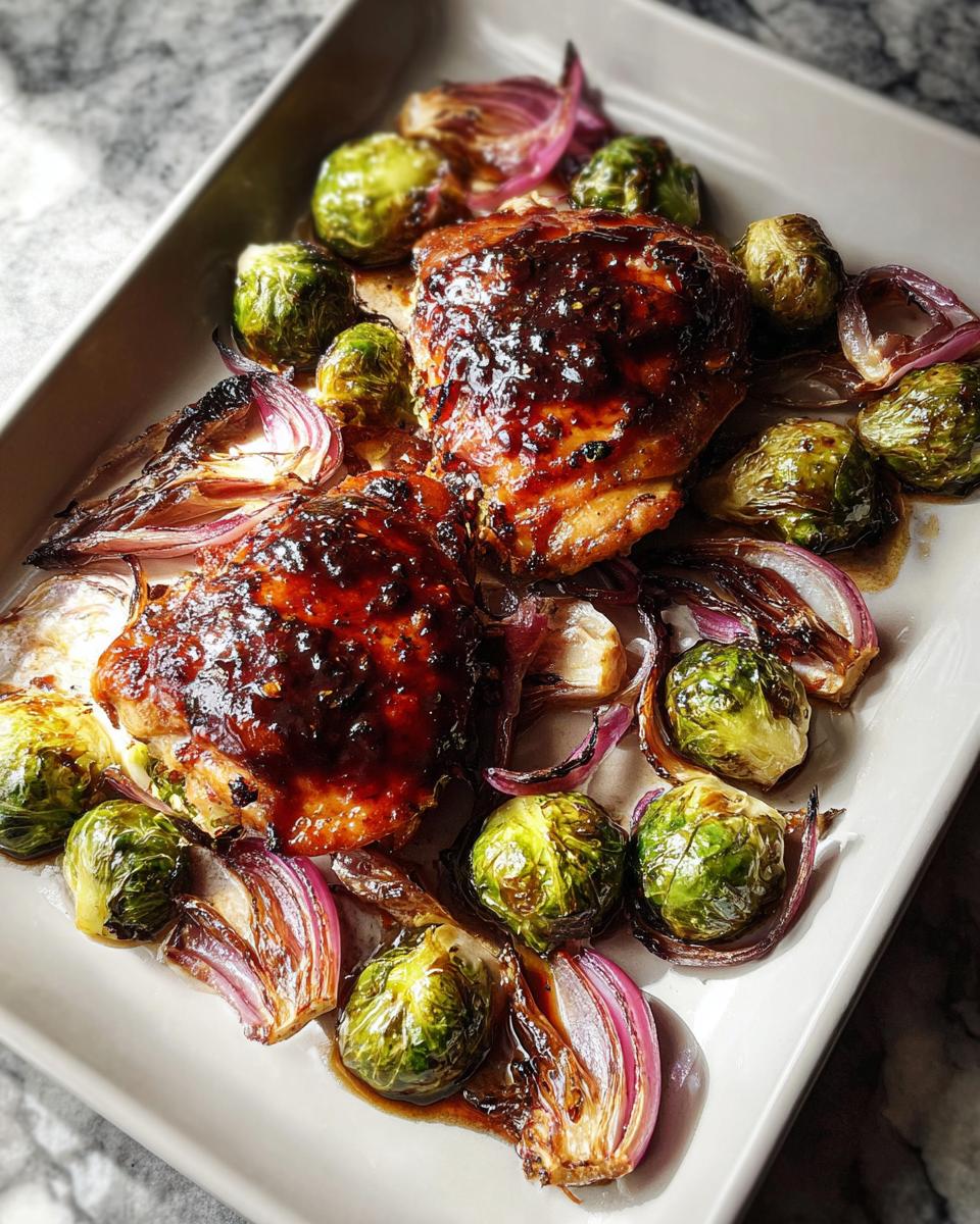 Two pieces of glazed chicken thighs surrounded by roasted Brussels sprouts and red onion wedges on a sheet pan.