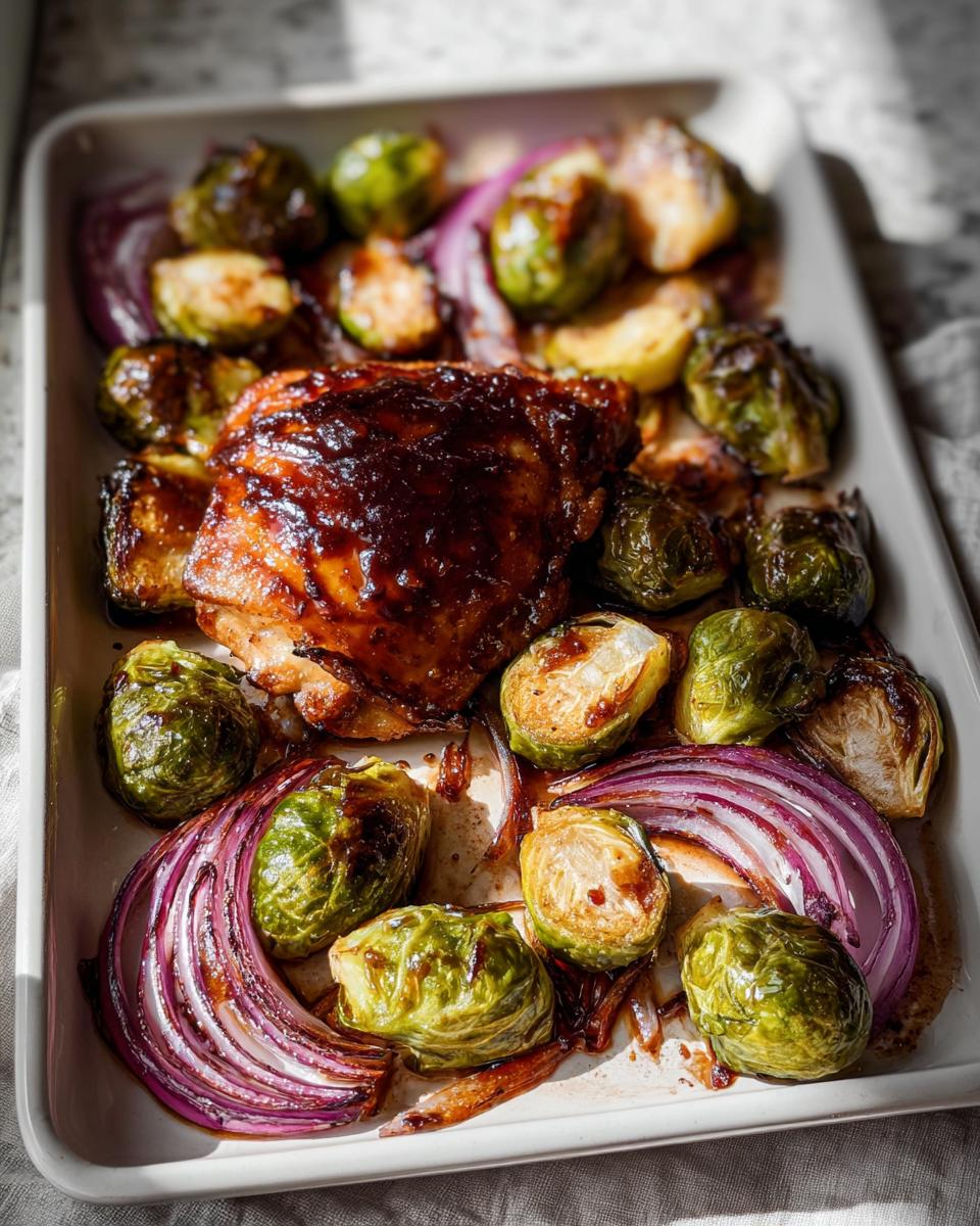 Close-up of Sheet Pan Balsamic Chicken and Brussels Sprouts with caramelized onions on a white baking dish.