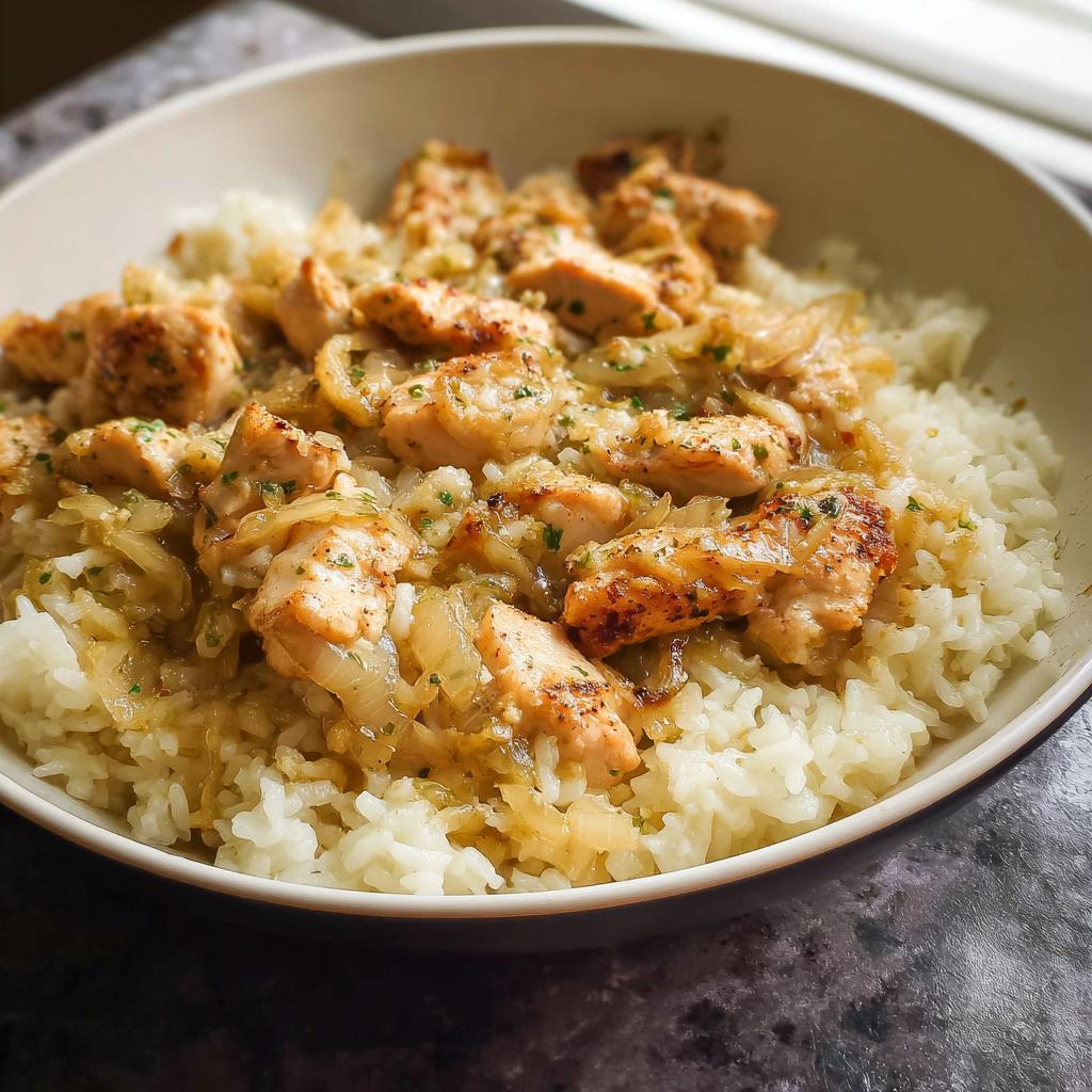 Close-up of seasoned chicken pieces and sautéed onions served over white rice, a variation of Sheet Pan Chicken Fajitas.