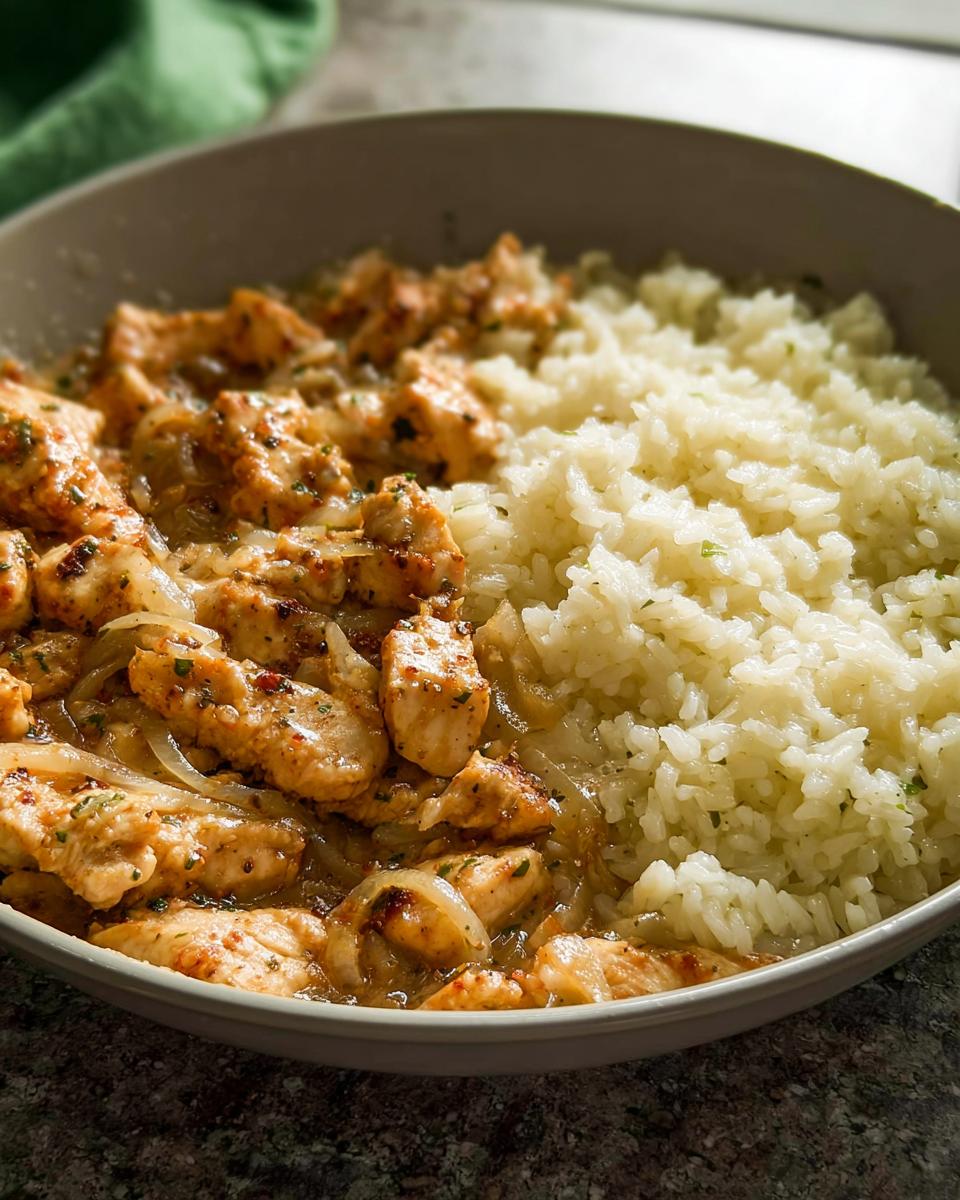 Close-up of seasoned chicken pieces and onions served alongside white rice, inspired by Sheet Pan Chicken Fajitas.